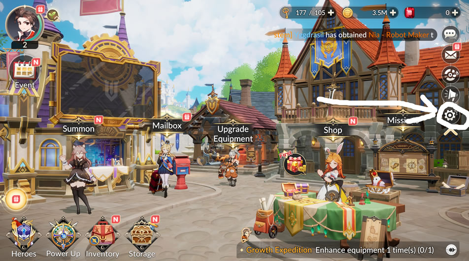 An image showing how to use codes in Seven Knights Re:BIRTH, clicking settings menu