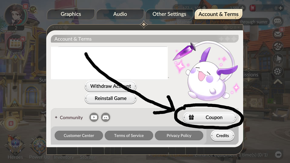 An image showing how to use codes in Seven Knights Re:BIRTH, clicking Coupon Button